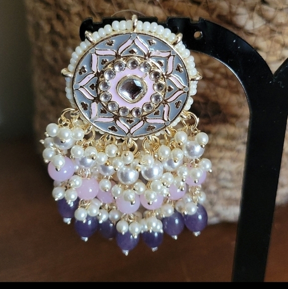 🔥LAST PAIR🔥 Bead Embellished Medallion Drop Statement  Earrings - Picture 5 of 11